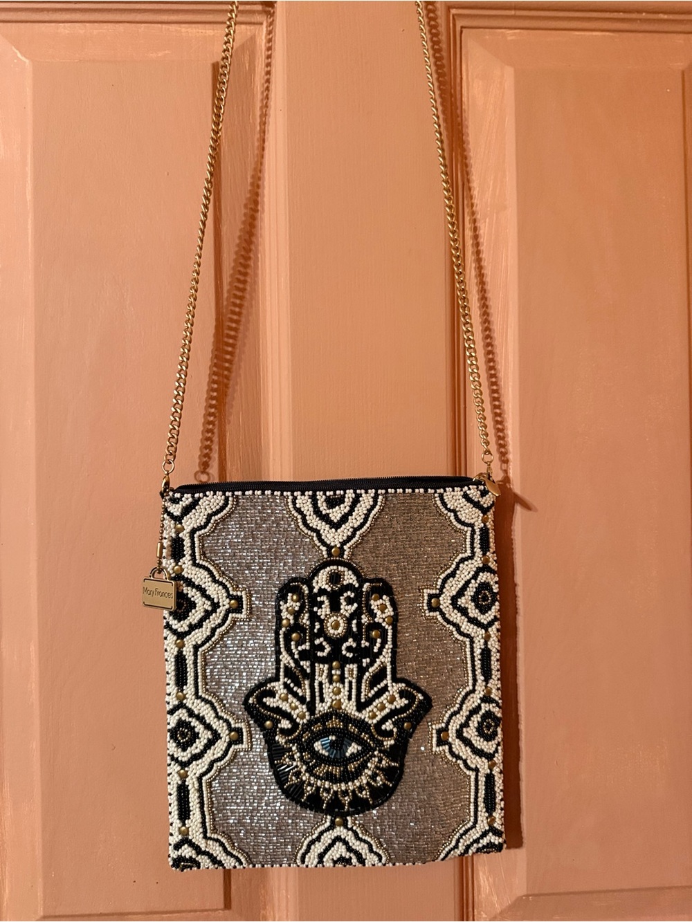 Mary Frances Black and Gold Beaded Hamsa Crossbody